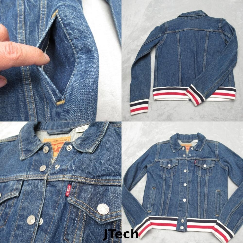 Levis Denim Jacket Women Small Blue Ribbed Trims Button Front Trucker Varsity
